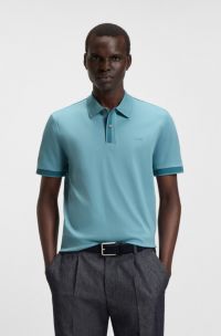 Mercerised-cotton slim-fit polo shirt with structured trims, Light Blue