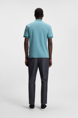 Mercerised-cotton slim-fit polo shirt with structured trims, Light Blue
