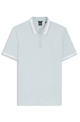 Mercerised-cotton slim-fit polo shirt with structured trims, Light Blue