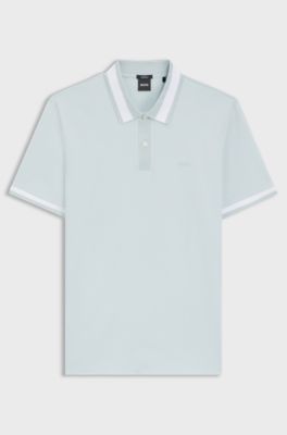 Mercerised-cotton slim-fit polo shirt with structured trims, Light Blue