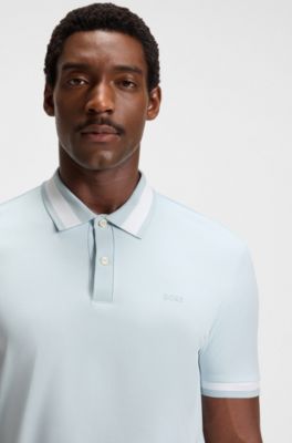 Mercerised-cotton slim-fit polo shirt with structured trims, Light Blue