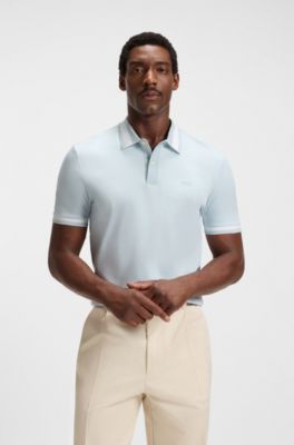 Mercerised-cotton slim-fit polo shirt with structured trims, Light Blue