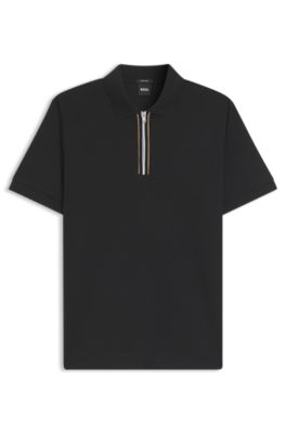 Mercerised-cotton polo shirt with zip placket, Black