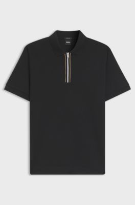 Mercerised-cotton polo shirt with zip placket, Black
