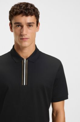 Mercerised-cotton polo shirt with zip placket, Black