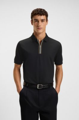 Mercerised-cotton polo shirt with zip placket, Black
