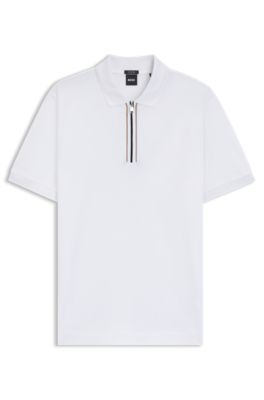 Mercerised-cotton polo shirt with zip placket, White