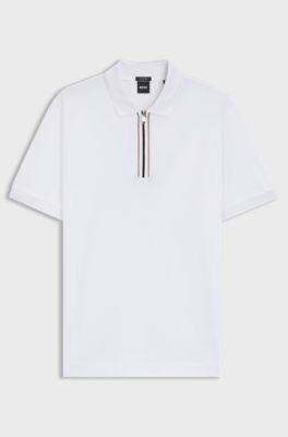 Mercerised-cotton polo shirt with zip placket, White