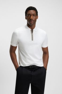 Polo en coton merceris&eacute; avec patte zipp&eacute;e, Blanc