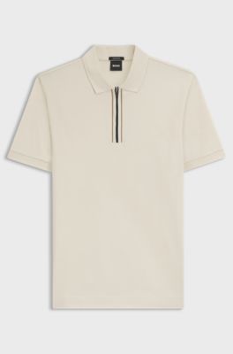 Mercerised-cotton polo shirt with zip placket, Natural