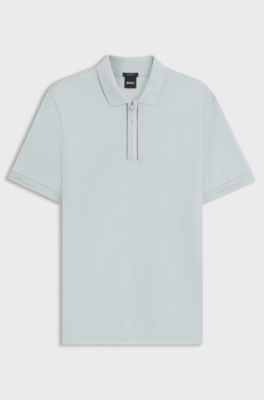 Mercerised-cotton polo shirt with zip placket, Light Blue