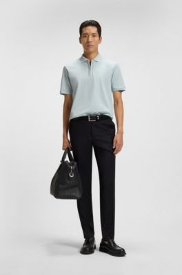 Mercerised-cotton polo shirt with zip placket, Light Blue
