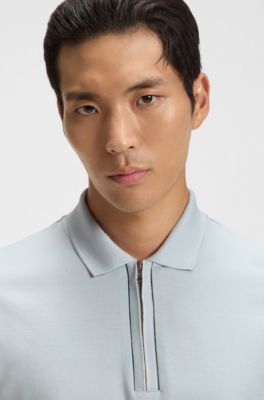 Mercerised-cotton polo shirt with zip placket, Light Blue