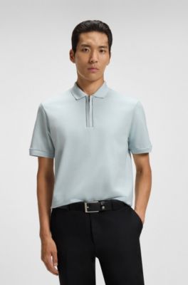 Mercerised-cotton polo shirt with zip placket, Light Blue
