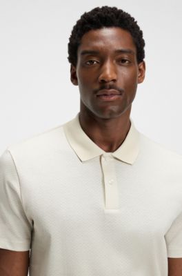 Mercerised-cotton polo shirt with geometric jacquard, Natural
