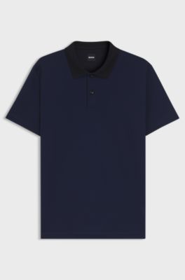 Mercerised-cotton polo shirt with geometric jacquard, Dark Blue