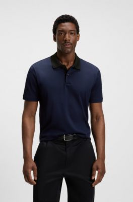 Mercerised-cotton polo shirt with geometric jacquard, Dark Blue