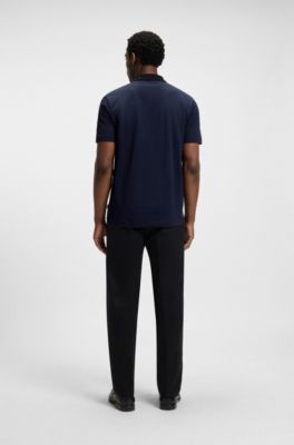 Mercerised-cotton polo shirt with geometric jacquard, Dark Blue