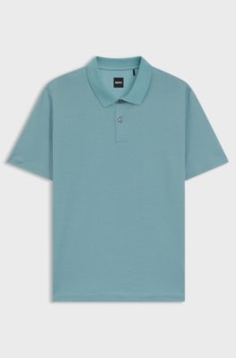 Mercerised-cotton polo shirt with geometric jacquard, Light Blue