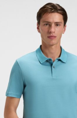 Mercerised-cotton polo shirt with geometric jacquard, Light Blue