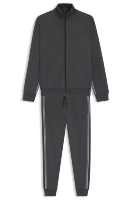 Regular-fit tracksuit set in stretch cotton with striped trims, Dark Grey