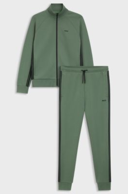 Regular-fit tracksuit set in stretch cotton with striped trims, Green