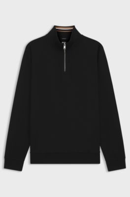 Cotton-blend sweatshirt with zip neck, Black