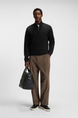 Cotton-blend sweatshirt with zip neck, Black