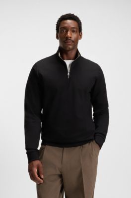 Cotton-blend sweatshirt with zip neck, Black