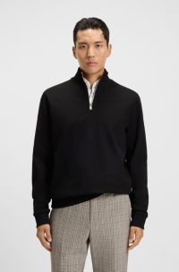 Cotton-blend sweatshirt with zip neck, Black