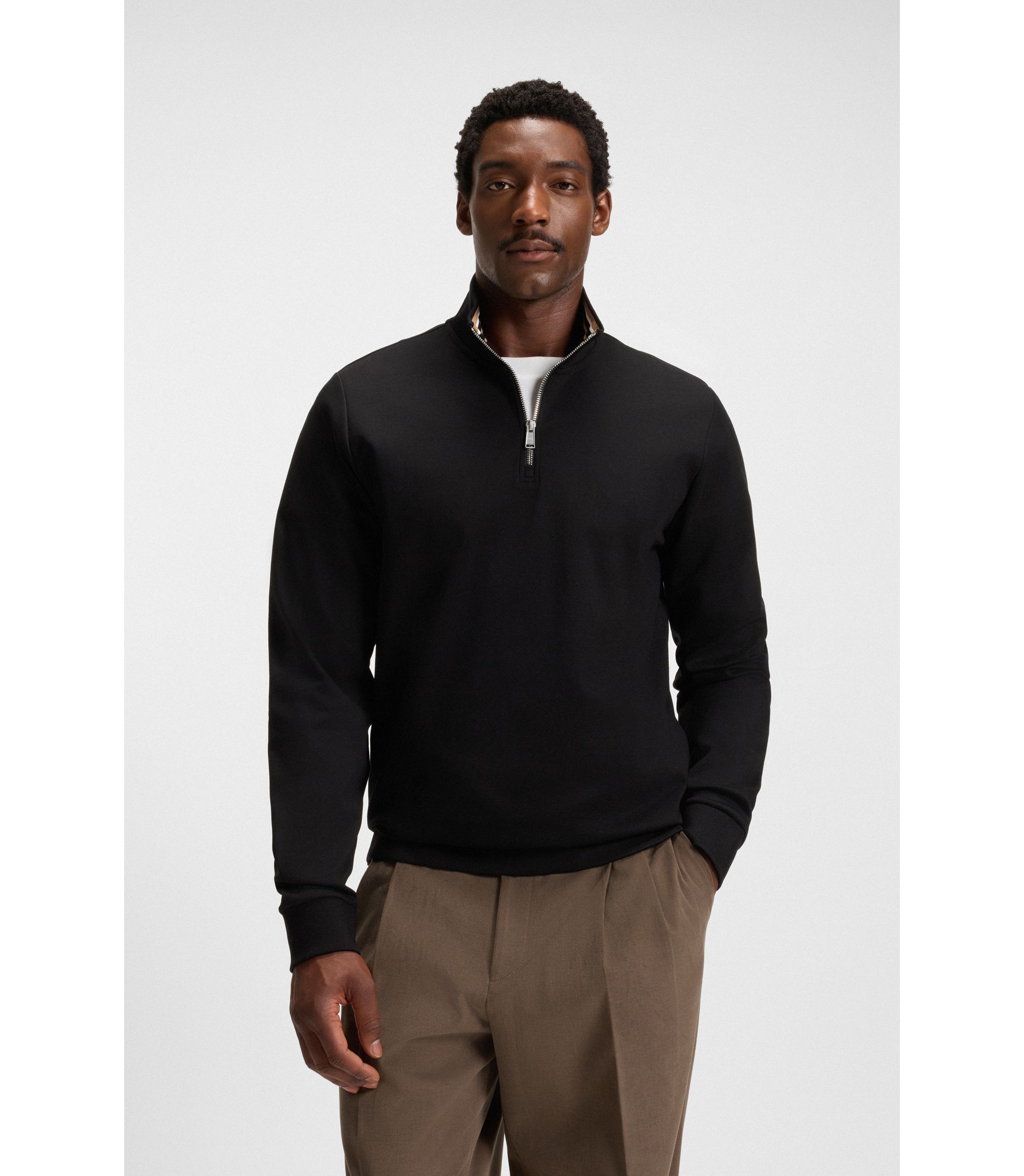 BOSS - Cotton-blend sweatshirt with zip neck - Black