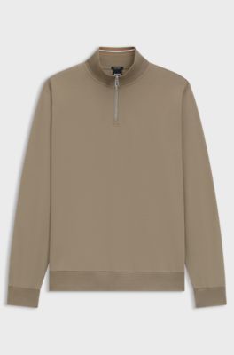 Cotton-blend sweatshirt with zip neck, Light Brown
