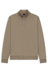 Cotton-blend sweatshirt with zip neck, Light Brown