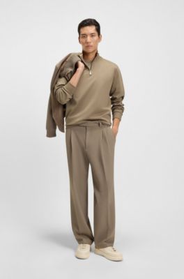 Cotton-blend sweatshirt with zip neck, Light Brown