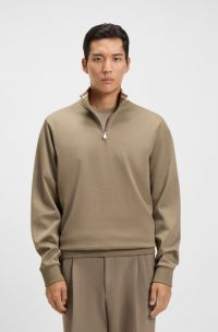 Cotton-blend sweatshirt with zip neck, Light Brown