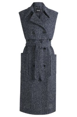 Sleeveless trench coat in crochet tweed, Blue Patterned