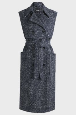 Sleeveless trench coat in crochet tweed, Blue Patterned