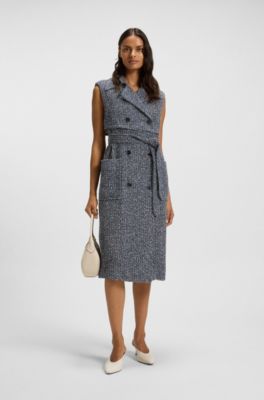 Sleeveless trench coat in crochet tweed, Blue Patterned