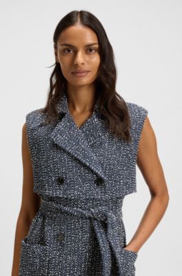 Sleeveless trench coat in crochet tweed, Blue Patterned