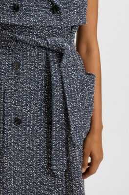 Sleeveless trench coat in crochet tweed, Blue Patterned