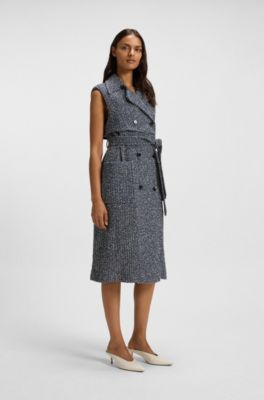 Sleeveless trench coat in crochet tweed, Blue Patterned