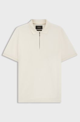 Zip-neck polo shirt in mercerised cotton-silk jacquard, Natural