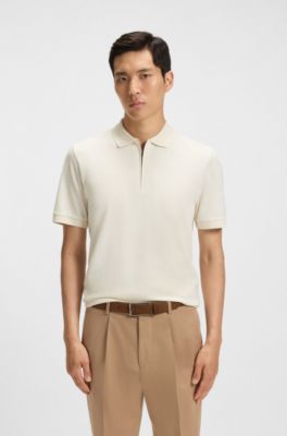 Zip-neck polo shirt in mercerised cotton-silk jacquard, Natural
