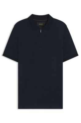 Zip-neck polo shirt in mercerised cotton-silk jacquard, Dark Blue