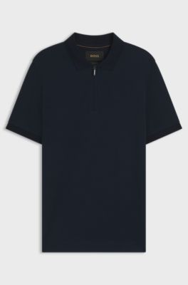 Zip-neck polo shirt in mercerised cotton-silk jacquard, Dark Blue
