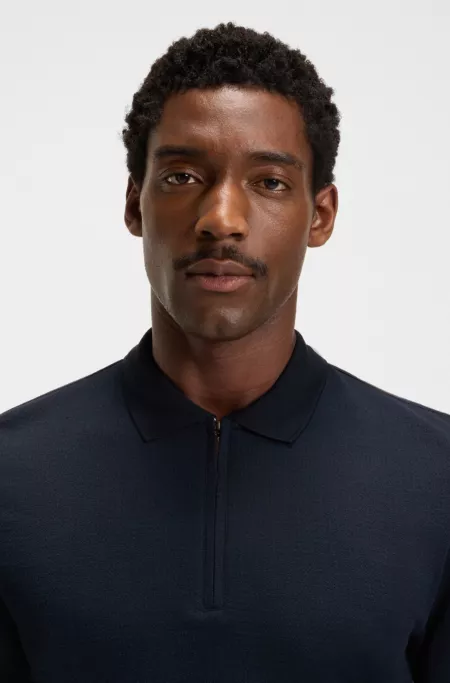 Zip-neck polo shirt in mercerised cotton-silk jacquard