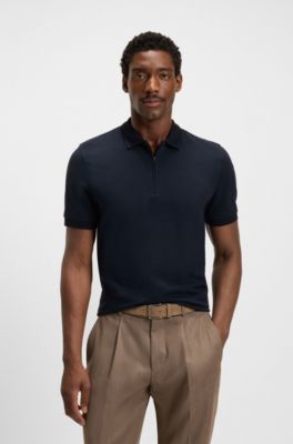 Polo en jacquard merceris&eacute; de coton et de soie avec encolure zipp&eacute;e, Bleu fonc&eacute;