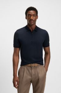 Zip-neck polo shirt in mercerised cotton-silk jacquard, Dark Blue