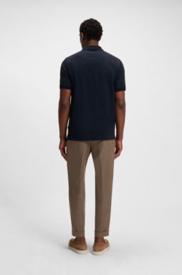 Zip-neck polo shirt in mercerised cotton-silk jacquard, Dark Blue