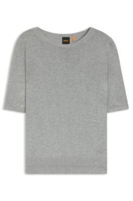 Kurzarm-Strickpullover mit Lochmuster, Hellgrau